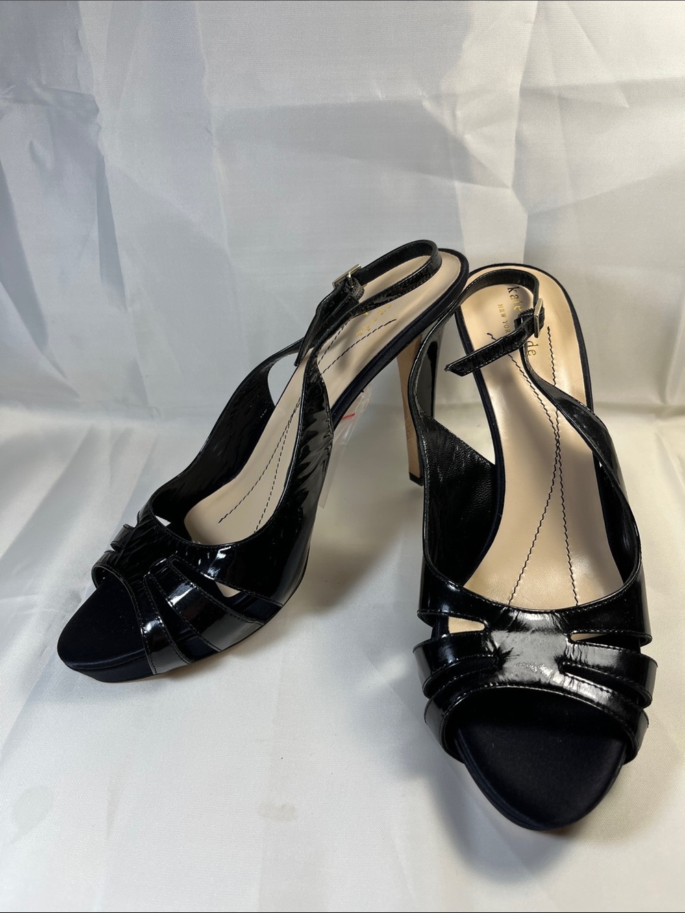 kate spade Black Patent Open-Toe Slingback Heels